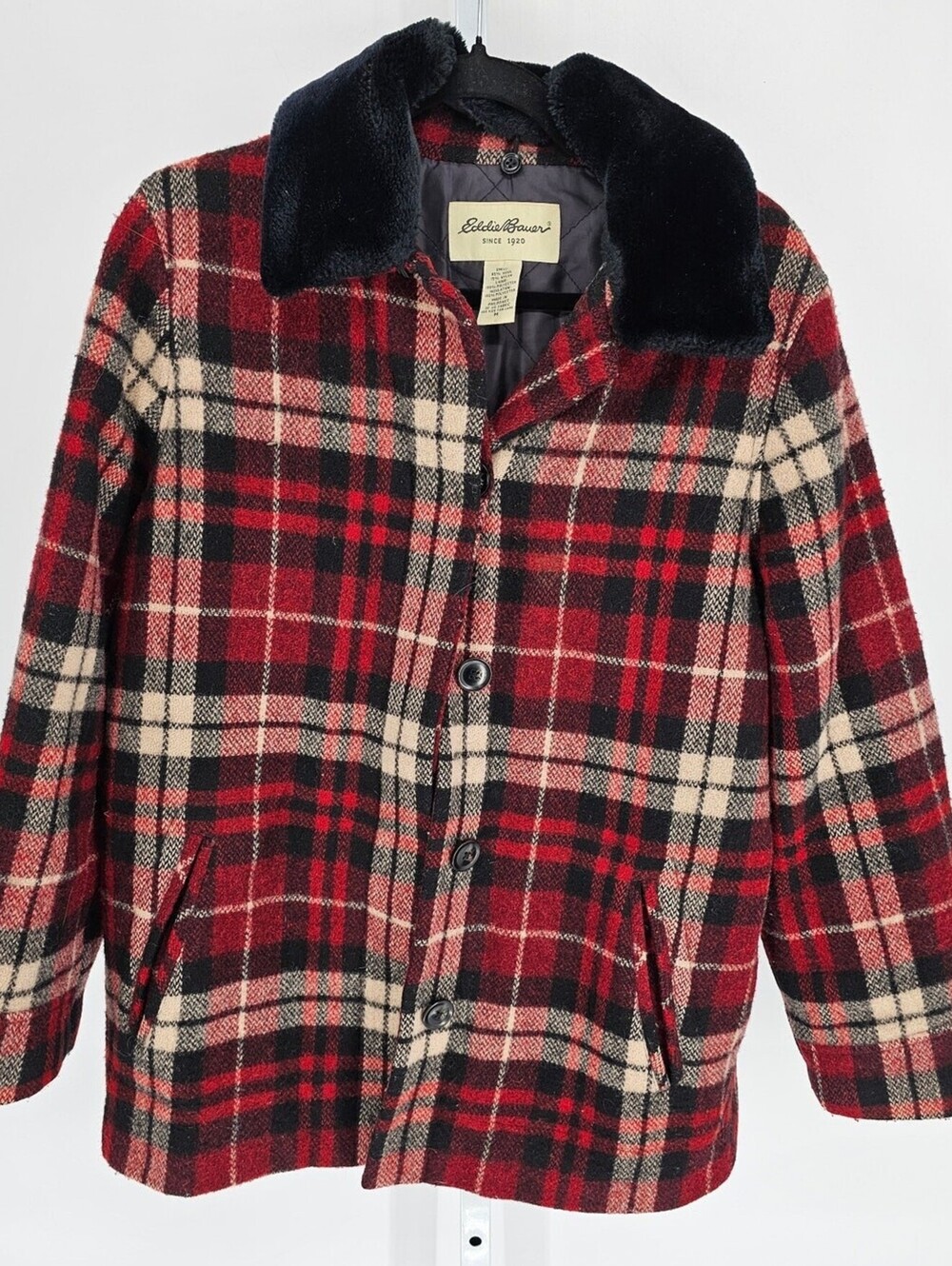 Eddie Bauer Wool Plaid Car Work Coat Sz M Removable Fur Ruff Red Winter Jacket